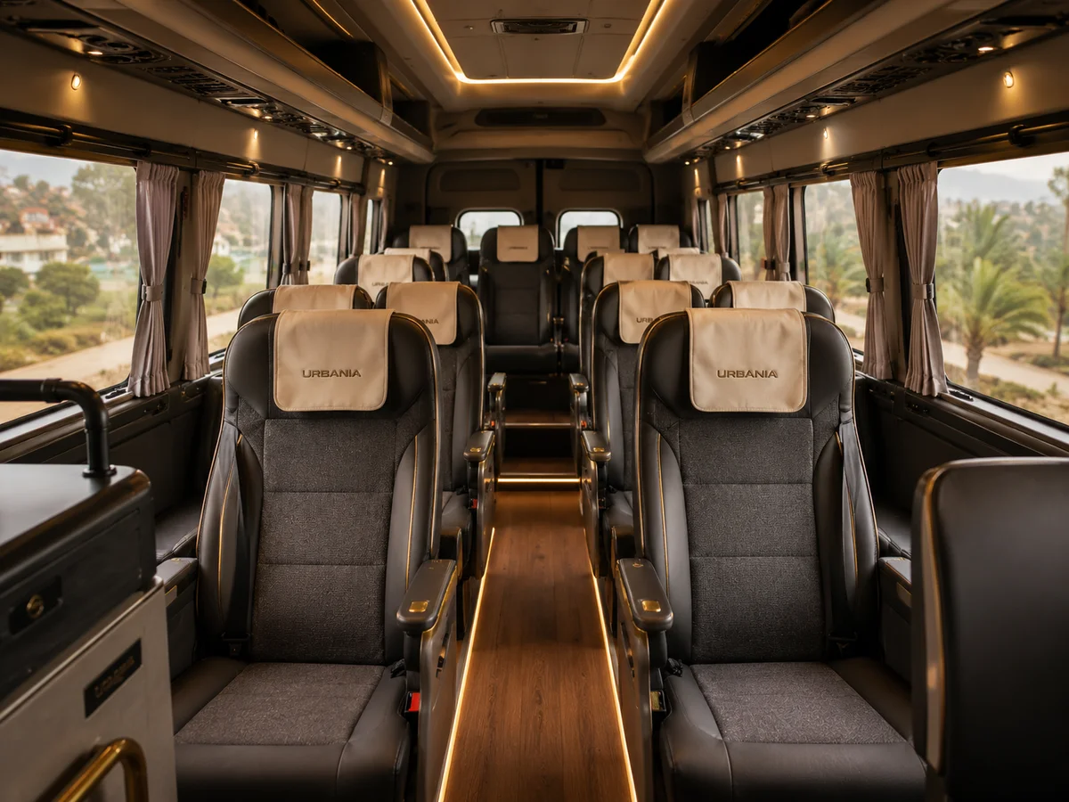 Urbania luxury minibus interior, 13 to 17 seats, VIP configuration